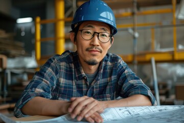 Wall Mural - Portrait of a Japanese engineer designing a new recycling system, high detail, photorealistic, focused expression, studio lighting