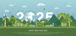 © Benjamas - Happy new year 2025 Natural Environment in 2025, Saving environment, enviromental sustainability, clean planet and ecology on green nature background. Green Vector Illustration.
