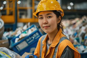 Wall Mural - Portrait of a Japanese worker labeling recyclable materials, high quality photo, photorealistic, precise action, bright environment