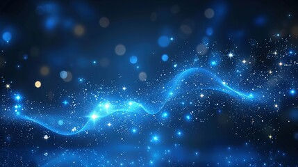 the image features a blue abstract backdrop with stars and a hazy blue light wave, appearing blurred