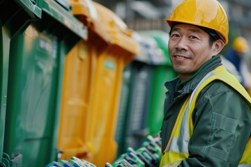 Wall Mural - Portrait of a Japanese employee managing waste collection bins, high detail, photorealistic, precise action, bright environment