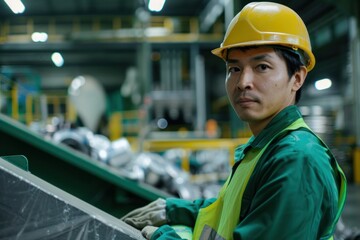 Wall Mural - Portrait of a Japanese technician monitoring recycling machinery, high quality photo, photorealistic, focused expression, well-lit setting