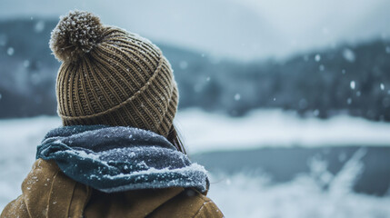 Cozy winter scene, a person bundled up in a warm knitted hat and scarf, standing against a snowy landscape, highlighting the practical and cozy aspect of hats