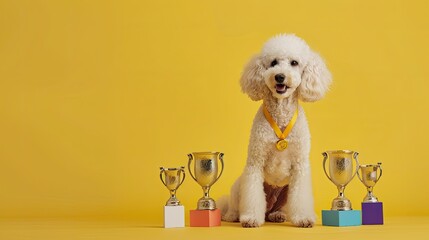 a champions smile: poodle posing with trophies