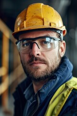 Wall Mural - Portrait of a European engineer designing a new recycling system, high detail, photorealistic, focused expression, studio lighting