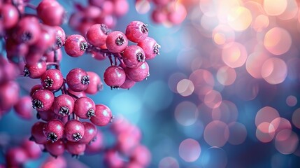Wall Mural -   Close-up of colorful berries against a blue-pink backdrop with soft out-of-focus background lights