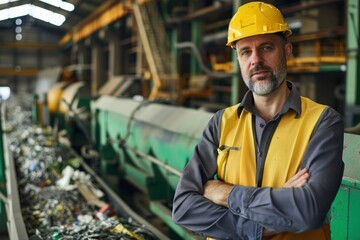 Wall Mural - Portrait of a European technician inspecting recycling machinery in a waste management facility, high detail, photorealistic, well-lit setting, engaged atmosphere