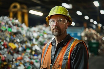 Wall Mural - Portrait of an American worker wearing safety gear at a recycling facility, high quality photo, photorealistic, studio lighting, bright environment