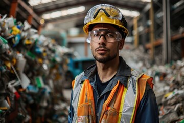 Wall Mural - Portrait of an American worker wearing safety gear at a recycling facility, high quality photo, photorealistic, studio lighting, bright environment