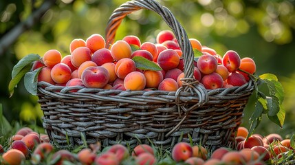 Wall Mural -  A basket brimming with many peaches atop a verdant grassy field surrounded by trees