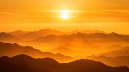 Wall Mural - The sun is shining brightly on the mountains, creating a warm. Generate AI image