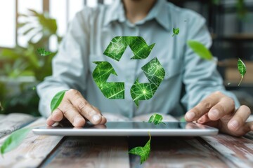 Wall Mural - Close-up of a manager's hands using a tablet to analyze recycling data, high quality photo, photorealistic, engaged action, studio lighting