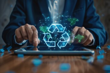 Wall Mural - Close-up of a manager's hands using a tablet to analyze recycling data, high quality photo, photorealistic, engaged action, studio lighting