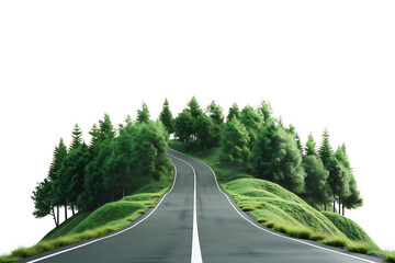 asphalt road going up to the top of green forest isolated on transparent background