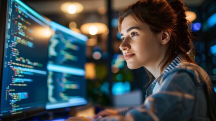 Poster - A young female programmer analyzes code on her computer, her focused expression highlighted by the soft glow of the monitor
