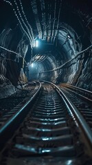 Underground mining tunnel with railroad tracks, dim lighting. Industrial and infrastructure concept