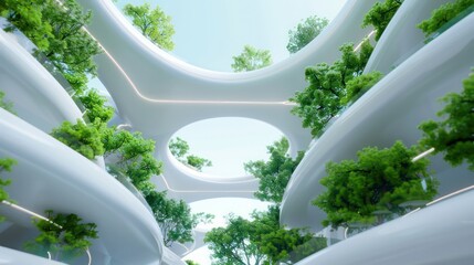 Aufkleber - A futuristic building with a green roof and a lot of trees. The building is white and has a lot of natural light coming in. The trees are growing in a circular pattern, creating a sense of harmony
