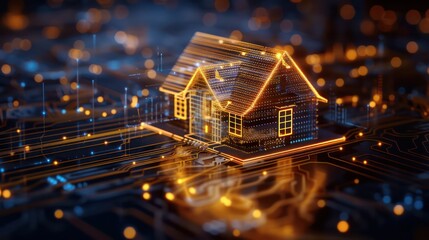 Poster - A house is shown in a computer generated image with a glowing, futuristic look. The house is surrounded by a network of wires and lights, giving it a sense of being part of a larger