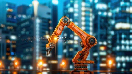 Poster - A robot is standing in front of a city skyline. The robot is orange and has a metallic appearance. The city skyline is lit up with lights, creating a futuristic and industrial atmosphere