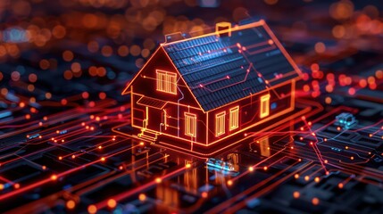 Poster - A house made of wires and lights. The house is lit up and has a futuristic look. The house is surrounded by a lot of wires and lights, giving it a unique and interesting appearance