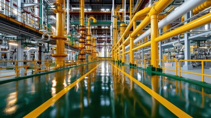 A large industrial building with yellow pipes and green floors. The yellow pipes are connected to each other and are in various shapes and sizes. The green floors are shiny and reflective