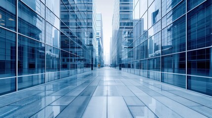 Poster - A large, empty city street with tall buildings and a clear blue sky