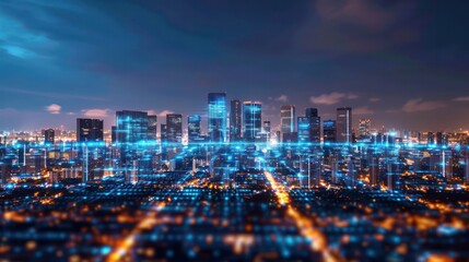 Poster - A city skyline is lit up with blue lights, creating a futuristic and modern atmosphere. The city appears to be bustling with activity, as the lights are shining brightly on the buildings and streets