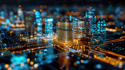 Poster - A cityscape with a large building in the center. The lights are on and the city looks busy