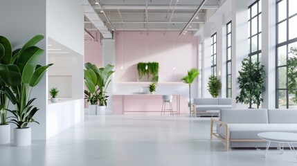 Poster - A large open room with white walls and a pink accent wall. The room is filled with plants and has a modern, clean look