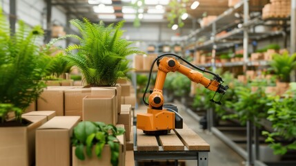Poster - A robot is standing in a warehouse with plants and boxes. The robot is orange and has a green leaf on its head
