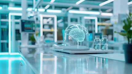 Poster - A brain is displayed in a glass case on a lab table. The brain is surrounded by a clear dome, which gives it a sense of being preserved and protected