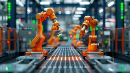 Poster - A factory with robots working on a conveyor belt