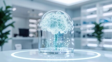 Poster - A brain is inside a glass dome. The brain is surrounded by a blue light