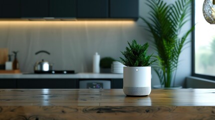 Poster - A potted plant sits on a wooden countertop in a kitchen. The plant is a small, green, leafy plant that is placed in a white pot. The kitchen is well-lit and has a modern, clean look