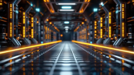 Poster - A futuristic space station with a long hallway. The hallway is lit with bright lights and has a metallic look