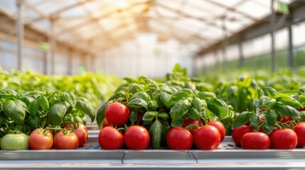 Poster - A row of tomato plants with green leaves and red tomatoes. The tomatoes are ripe and ready to be picked
