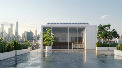 Poster - A white building with a green roof and a large window. The building is surrounded by a cityscape