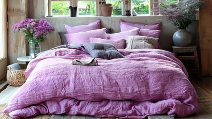 Wall Mural -   A purple comforter covers a bed next to a window with a vase of flowers on top