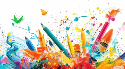 Poster - Vibrant and colorful artistic composition with paint splashes, pencils, markers, and butterflies. The colors are vivid and include shades of blue, orange, yellow, green, red, and purple