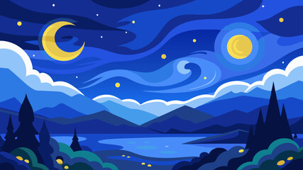 Wall Mural - night landscape with moon