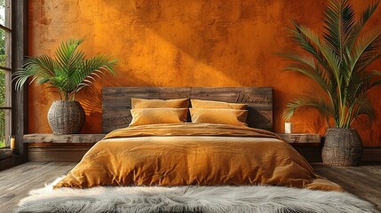 Wall Mural -   Room with orange walls, fur rug, and two potted plants beside bed