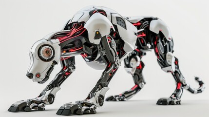 Aufkleber - A futuristic robotic dog, with a sleek white and black body and red wires, is posed in a hunting stance on a white background