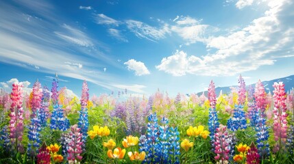 Wall Mural - Lupin field with colorful flowers and blue sky