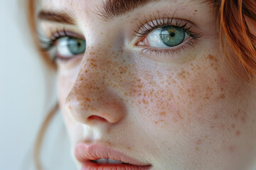 Wall Mural - Close-up of a person with red, itchy eyes due to pollen allergy, set against a clean white background,