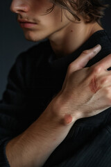 Wall Mural - Detailed shot of a person scratching a red, irritated rash on their arm, highlighting allergic skin reactions,