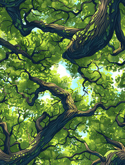 Aufkleber - Intricate pattern of branches and leaves creating a green canopy