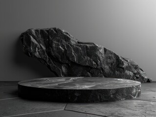 Black geometric Stone and Rock shape background, minimalist mockup for podium display or showcase, Generative ai