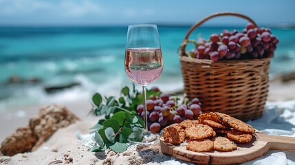 Wall Mural -   A glass of wine, grapes, and crackers on a beach, with grapes in the foreground