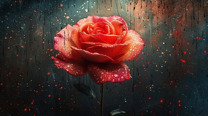 Wall Mural -  Red rose on wood table with water droplets on black background, red spots