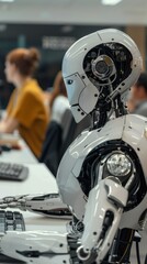 Poster - A futuristic robot sits at a desk in an office, its metallic hand resting on a keyboard. The robot is surrounded by blurred figures of human coworkers